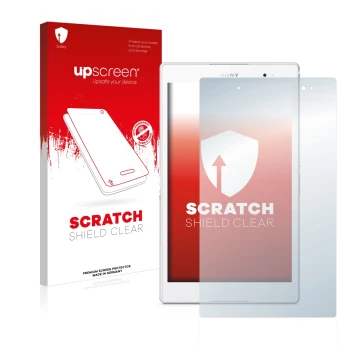 Face avant d’un emballage produit avec le logo de la marque upscreen. À côté, l’appareil Sony Xperia Z3 Tablet Compact SGP621 