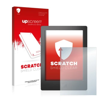 Face avant d’un emballage produit avec le logo de la marque upscreen. À côté, l’appareil Kobo Aura H2O est représenté avec la 