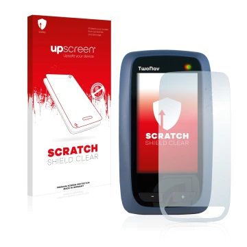 Face avant d’un emballage produit avec le logo de la marque upscreen. À côté, l’appareil CompeGPS TwoNav Anima est représenté 