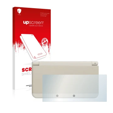Face avant d’un emballage produit avec le logo de la marque upscreen. À côté, l’appareil Nintendo New 3DS (boîtier) est représ