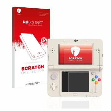 Face avant d’un emballage produit avec le logo de la marque upscreen. À côté, l’appareil Nintendo New 3DS est représenté avec 