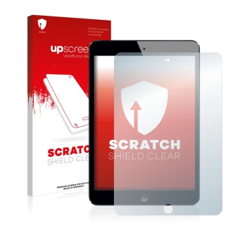 Face avant d’un emballage produit avec le logo de la marque upscreen. À côté, l’appareil Apple iPad Mini 3 2014 est représenté