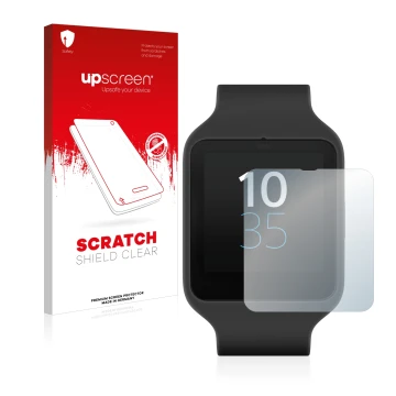 Face avant d’un emballage produit avec le logo de la marque upscreen. À côté, l’appareil Sony Smartwatch 3 SWR50 est représent