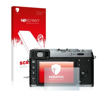 Face avant d’un emballage produit avec le logo de la marque upscreen. À côté, l’appareil Fujifilm X100T est représenté avec la
