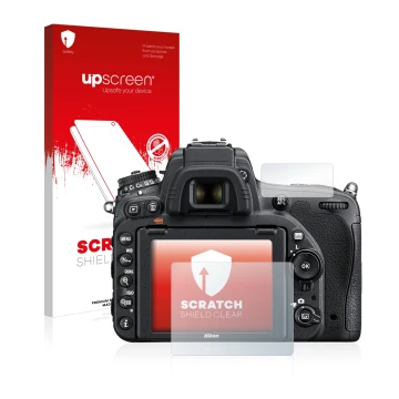 Face avant d’un emballage produit avec le logo de la marque upscreen. À côté, l’appareil Nikon D750 est représenté avec la pro