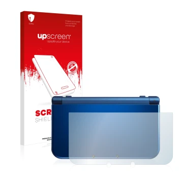Face avant d’un emballage produit avec le logo de la marque upscreen. À côté, l’appareil Nintendo New 3DS XL (boîtier) est rep