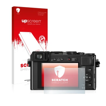 Face avant d’un emballage produit avec le logo de la marque upscreen. À côté, l’appareil Panasonic Lumix DMC-LX100 est représe