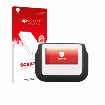 Face avant d’un emballage produit avec le logo de la marque upscreen. À côté, l’appareil Signotec Signature Pad Sigma est repr