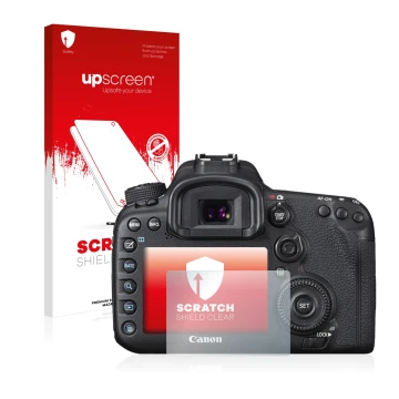 Face avant d’un emballage produit avec le logo de la marque upscreen. À côté, l’appareil Canon EOS 7D Mark II est représenté a