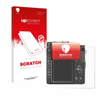 Face avant d’un emballage produit avec le logo de la marque upscreen. À côté, l’appareil Fujifilm X10 est représenté avec la p