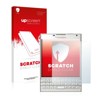 Face avant d’un emballage produit avec le logo de la marque upscreen. À côté, l’appareil BlackBerry Passport est représenté av