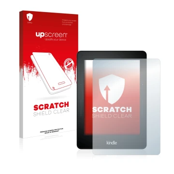 Face avant d’un emballage produit avec le logo de la marque upscreen. À côté, l’appareil Amazon Kindle Voyage est représenté a