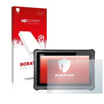 Face avant d’un emballage produit avec le logo de la marque upscreen. À côté, l’appareil Getac F110 G5 est représenté avec la 