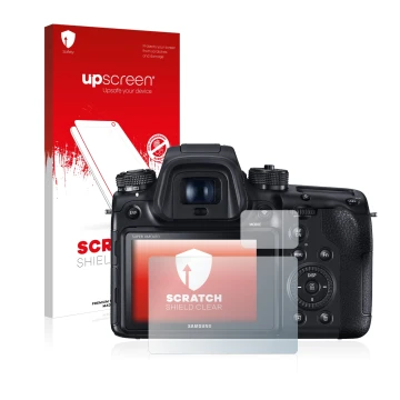 Face avant d’un emballage produit avec le logo de la marque upscreen. À côté, l’appareil Samsung NX1 est représenté avec la pr