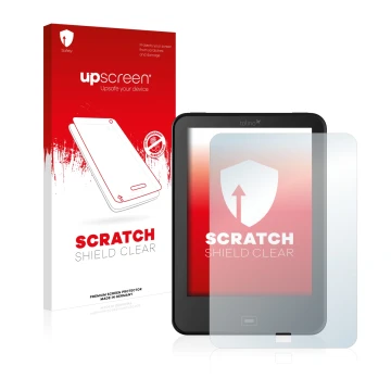 Face avant d’un emballage produit avec le logo de la marque upscreen. À côté, l’appareil Tolino Vision 2 est représenté avec l