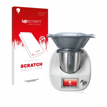 Face avant d’un emballage produit avec le logo de la marque upscreen. À côté, l’appareil Vorwerk Thermomix TM5 est représenté 