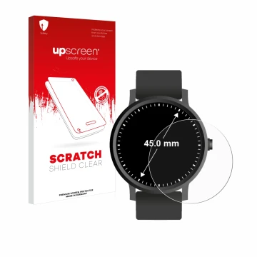 Face avant d’un emballage produit avec le logo de la marque upscreen. À côté, l’appareil Montres (Circulaire, ø: 45 mm) est re