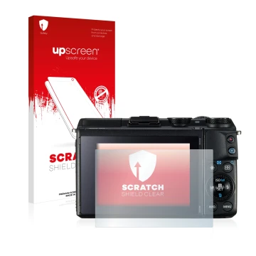 Face avant d’un emballage produit avec le logo de la marque upscreen. À côté, l’appareil Canon EOS M3 est représenté avec la p