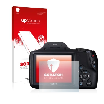 Face avant d’un emballage produit avec le logo de la marque upscreen. À côté, l’appareil Canon PowerShot SX530 HS est représen