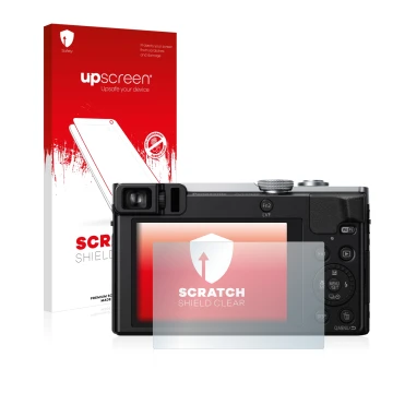 Face avant d’un emballage produit avec le logo de la marque upscreen. À côté, l’appareil Panasonic Lumix DMC-TZ71 est représen