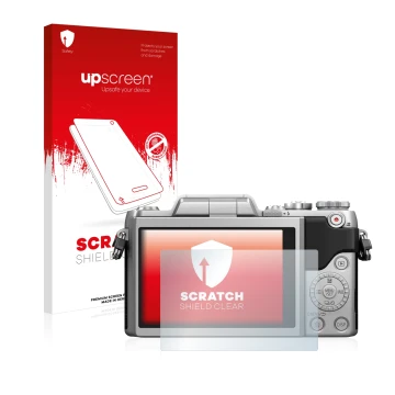 Face avant d’un emballage produit avec le logo de la marque upscreen. À côté, l’appareil Panasonic Lumix DMC-GF7 est représent