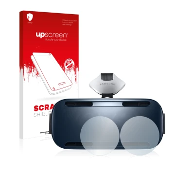 Face avant d’un emballage produit avec le logo de la marque upscreen. À côté, l’appareil Samsung Gear VR est représenté avec l