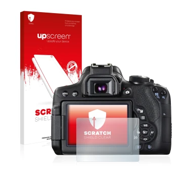 Face avant d’un emballage produit avec le logo de la marque upscreen. À côté, l’appareil Canon EOS 750D est représenté avec la