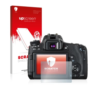 Face avant d’un emballage produit avec le logo de la marque upscreen. À côté, l’appareil Canon EOS 760D est représenté avec la