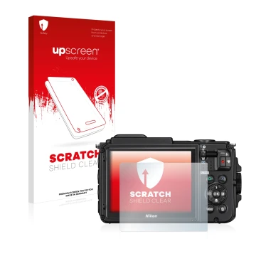 Face avant d’un emballage produit avec le logo de la marque upscreen. À côté, l’appareil Nikon Coolpix AW130 est représenté av