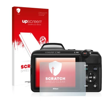 Face avant d’un emballage produit avec le logo de la marque upscreen. À côté, l’appareil Nikon Coolpix L340 est représenté ave