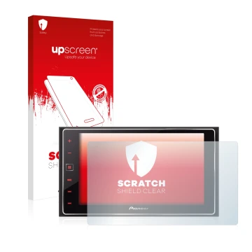 Face avant d’un emballage produit avec le logo de la marque upscreen. À côté, l’appareil Pioneer SPH-DA120 est représenté avec