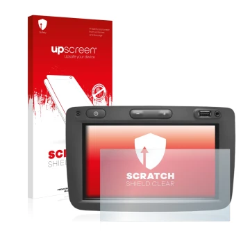 Face avant d’un emballage produit avec le logo de la marque upscreen. À côté, l’appareil Dacia Media Nav est représenté avec l