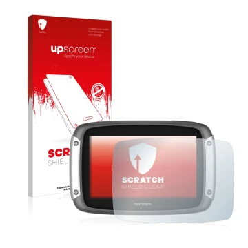 Face avant d’un emballage produit avec le logo de la marque upscreen. À côté, l’appareil TomTom Rider 400 est représenté avec 