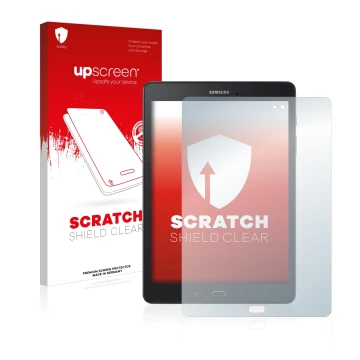 Face avant d’un emballage produit avec le logo de la marque upscreen. À côté, l’appareil Samsung Galaxy Tab A 9.7 est représen
