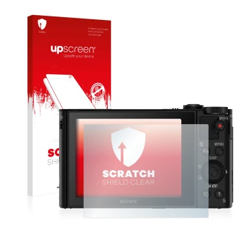 Face avant d’un emballage produit avec le logo de la marque upscreen. À côté, l’appareil Sony Cyber-Shot DSC-HX90V est représe