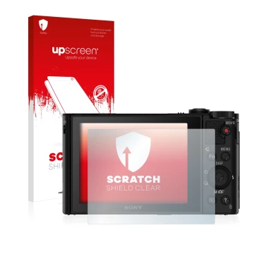 Face avant d’un emballage produit avec le logo de la marque upscreen. À côté, l’appareil Sony Cyber-Shot DSC-WX500 est représe