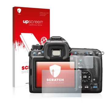 Face avant d’un emballage produit avec le logo de la marque upscreen. À côté, l’appareil Pentax K-3 II est représenté avec la 