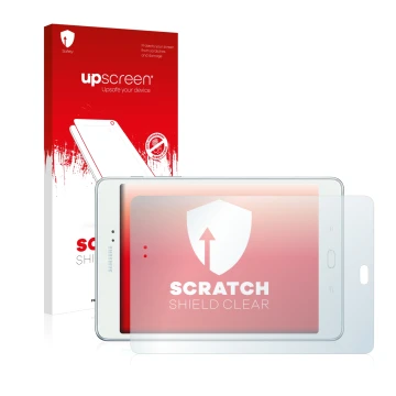 Face avant d’un emballage produit avec le logo de la marque upscreen. À côté, l’appareil Samsung Galaxy Tab A 8.0 est représen