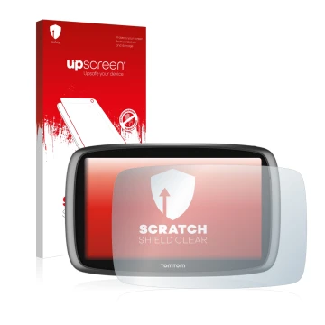 Face avant d’un emballage produit avec le logo de la marque upscreen. À côté, l’appareil TomTom GO 6100 est représenté avec la
