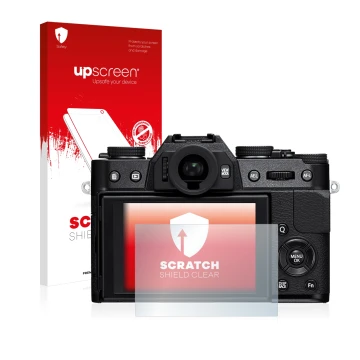 Face avant d’un emballage produit avec le logo de la marque upscreen. À côté, l’appareil Fujifilm X-T10 est représenté avec la