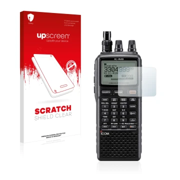 Face avant d’un emballage produit avec le logo de la marque upscreen. À côté, l’appareil Icom IC-R20 est représenté avec la pr