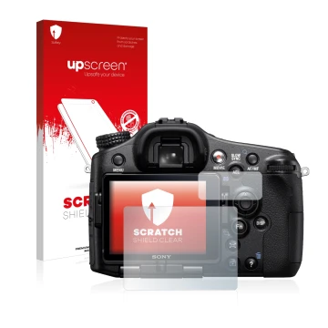 Face avant d’un emballage produit avec le logo de la marque upscreen. À côté, l’appareil Sony Alpha 77 (SLT-77) est représenté