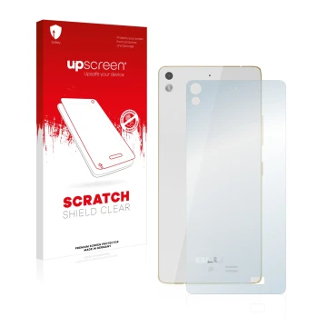 Face avant d’un emballage produit avec le logo de la marque upscreen. À côté, l’appareil BLU Vivo Air (Arrière) est représenté