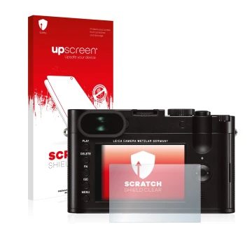 Face avant d’un emballage produit avec le logo de la marque upscreen. À côté, l’appareil Leica Q (Typ 116) est représenté avec