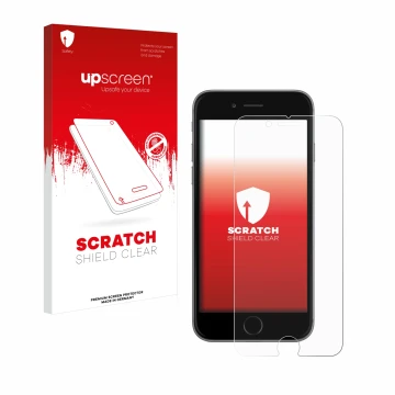 Face avant d’un emballage produit avec le logo de la marque upscreen. À côté, l’appareil Apple iPhone 6S est représenté avec l