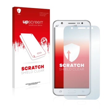Face avant d’un emballage produit avec le logo de la marque upscreen. À côté, l’appareil Samsung Galaxy J5 2015 est représenté