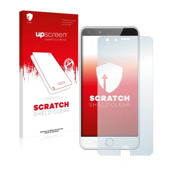 Face avant d’un emballage produit avec le logo de la marque upscreen. À côté, l’appareil Ulefone Be Touch 2 est représenté ave