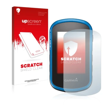 Face avant d’un emballage produit avec le logo de la marque upscreen. À côté, l’appareil Garmin eTrex Touch 25 est représenté 