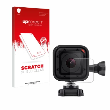 Face avant d’un emballage produit avec le logo de la marque upscreen. À côté, l’appareil GoPro Hero 4 Session Lentille (Caisse