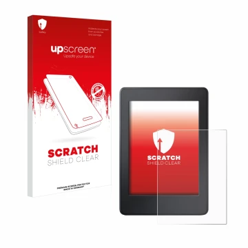 Face avant d’un emballage produit avec le logo de la marque upscreen. À côté, l’appareil Amazon Kindle Paperwhite 2015 (7ème G